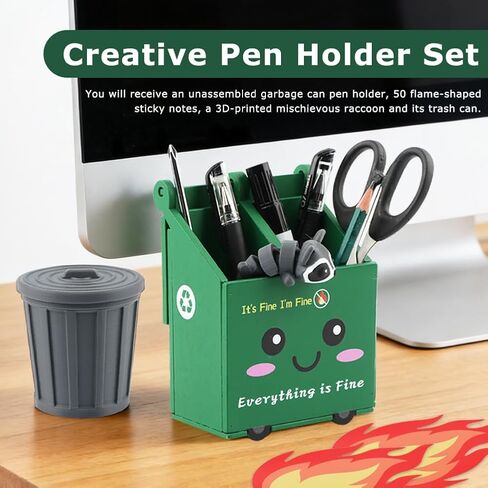 Dumpster Fire Pencil Holder with 50 Pcs Flame Note Cards, Funny Dumpster Fire Desk Organizer, Cute Desk Organizer for Office, White Elephant Gag Gift for Coworkers, Men, Women in Kuwait