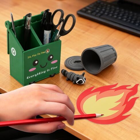 Dumpster Fire Pencil Holder with 50 Pcs Flame Note Cards, Funny Dumpster Fire Desk Organizer, Cute Desk Organizer for Office, White Elephant Gag Gift for Coworkers, Men, Women in Kuwait