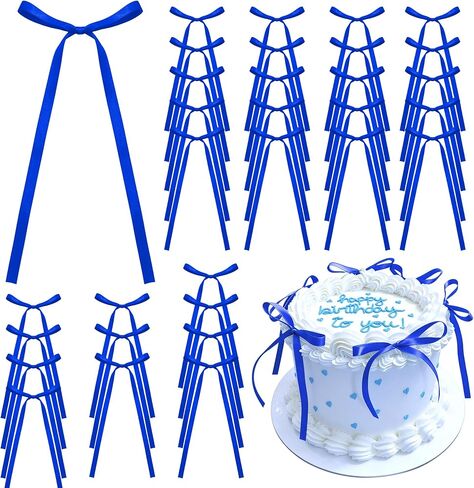 30PCS Royal Blue Bow Cake Toppers Satin Ribbon Bow for Craft Gift Blue Bowknot Decorating Supplies for Independence Day Birthday Baby Shower Theme Party Decor in Kuwait