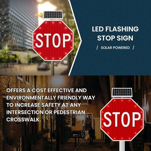 High Visibility Aluminum Solar Stop Sign with LED Lights - Durable Octagon Traffic Warning Sign for Streets, Roads, School Zones, and Parking Lots in Saudi Arabia