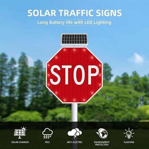 High Visibility Aluminum Solar Stop Sign with LED Lights - Durable Octagon Traffic Warning Sign for Streets, Roads, School Zones, and Parking Lots in Saudi Arabia