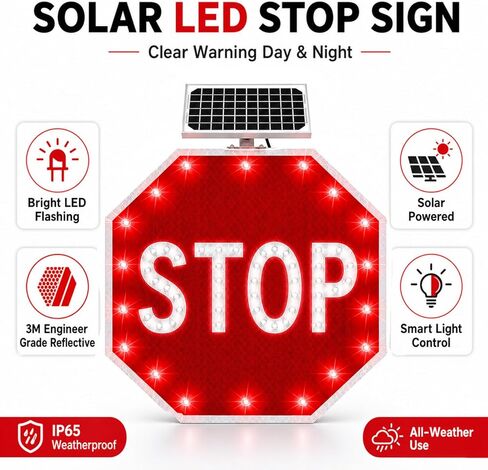 High Visibility 24"/30" Solar LED Stop Sign - Blinking Traffic Sign with Auto On/Off, IP65 Waterproof for Road, School Zone & Parking Lot Safety in Kuwait