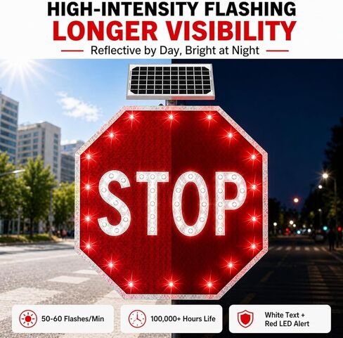 High Visibility 24"/30" Solar LED Stop Sign - Blinking Traffic Sign with Auto On/Off, IP65 Waterproof for Road, School Zone & Parking Lot Safety in Kuwait