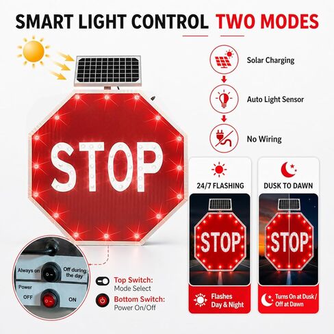 High Visibility 24"/30" Solar LED Stop Sign - Blinking Traffic Sign with Auto On/Off, IP65 Waterproof for Road, School Zone & Parking Lot Safety in Kuwait
