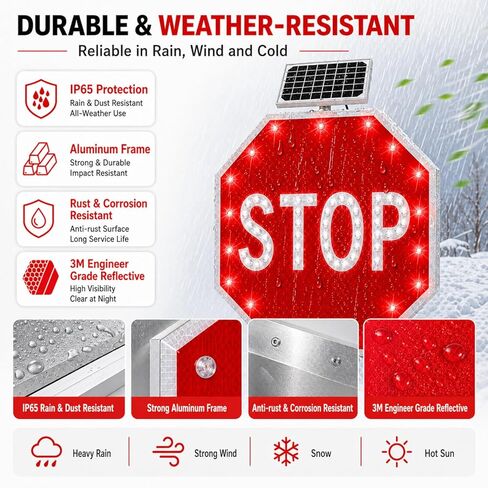 High Visibility 24"/30" Solar LED Stop Sign - Blinking Traffic Sign with Auto On/Off, IP65 Waterproof for Road, School Zone & Parking Lot Safety in Kuwait