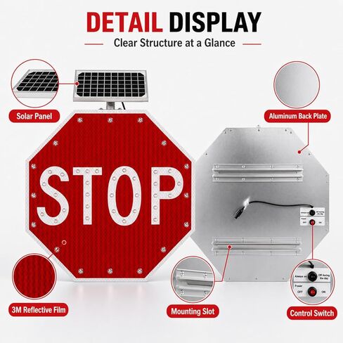 High Visibility 24"/30" Solar LED Stop Sign - Blinking Traffic Sign with Auto On/Off, IP65 Waterproof for Road, School Zone & Parking Lot Safety in Kuwait