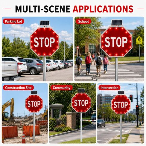High Visibility 24"/30" Solar LED Stop Sign - Blinking Traffic Sign with Auto On/Off, IP65 Waterproof for Road, School Zone & Parking Lot Safety in Kuwait
