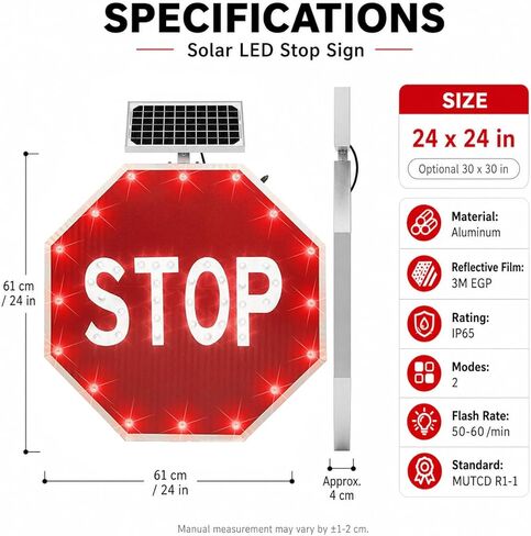 High Visibility 24"/30" Solar LED Stop Sign - Blinking Traffic Sign with Auto On/Off, IP65 Waterproof for Road, School Zone & Parking Lot Safety in Kuwait