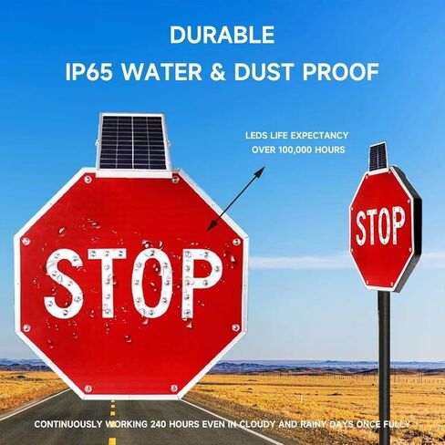 24"x24" Solar LED Stop Sign - Aluminum Octagon Traffic Sign with Flashing Lights for Maximum Safety & Visibility - Perfect for Streets, Intersections, & Traffic Control in Kuwait