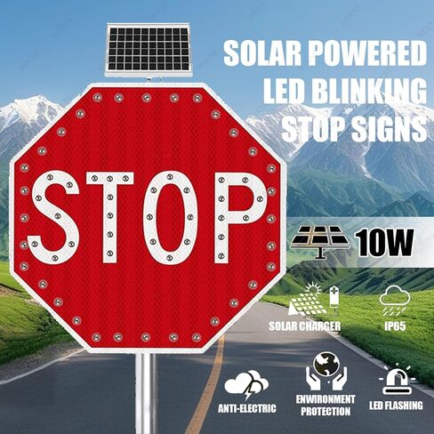 30" Solar LED Stop Sign - Durable Aluminum Octagon Traffic Sign with Blinking Lights for Enhanced Visibility, Road Safety Compliance, and Eco-Friendly Design in Kuwait