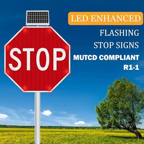 لافتة مرور توقف LED تعمل بالطاقة الشمسية مقاس 24 بوصة - علامة تحذير وامضة مضيئة مع 8 مصابيح LED حمراء لتعزيز سلامة الطريق، لافتة طريق مضاءة متينة لرؤية عالية in Kuwait