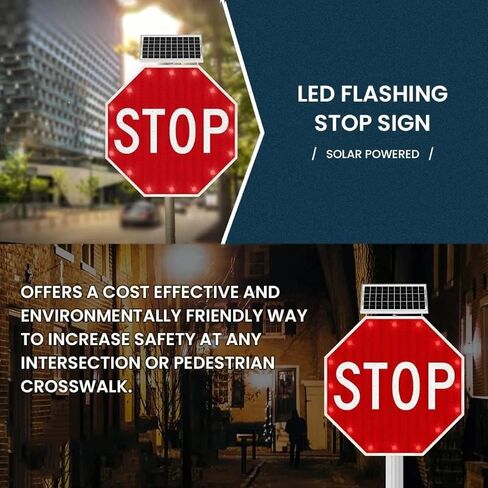 24" Solar LED Stop Sign - Blinking Traffic Warning Sign, Aluminum Illuminated, Solar Powered, IP65 Waterproof for Enhanced Road Safety, Durable Outdoor Use in Kuwait
