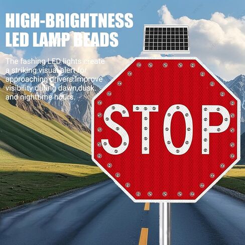 إشارات مرور وامضة تعمل بالطاقة الشمسية مقاس 30 بوصة - لافتات طريق مضيئة LED، غشاء عالي القوة من الدرجة الهندسية، تحذير أمان مقاوم للطقس لتحسين الرؤية in Kuwait