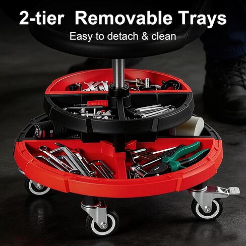 مقعد جراج ميكانيكي من Frassie مع صينية أدوات قابلة للإزالة، كرسي متجر دوار قابل للتعديل بارتفاع هوائي لإصلاح السيارات بسعة 300 رطل in Kuwait