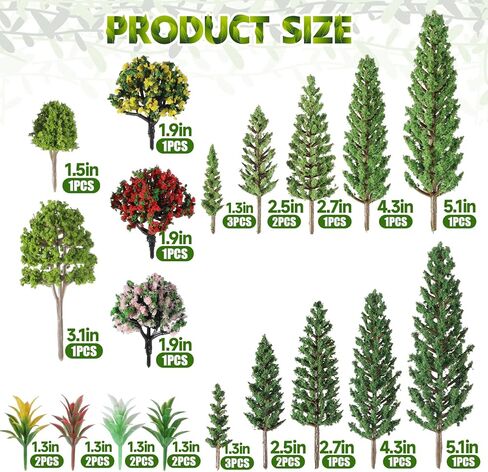 29 Pcs Mixed Model Trees, 1.3-5.3 Inch Garden Accessories Diorama Trees Mini Fake Flower Tree Miniature Tree Model Train Railroad Scenery for Crafts, Building Model, DIY Landscape, Natural Green in Kuwait