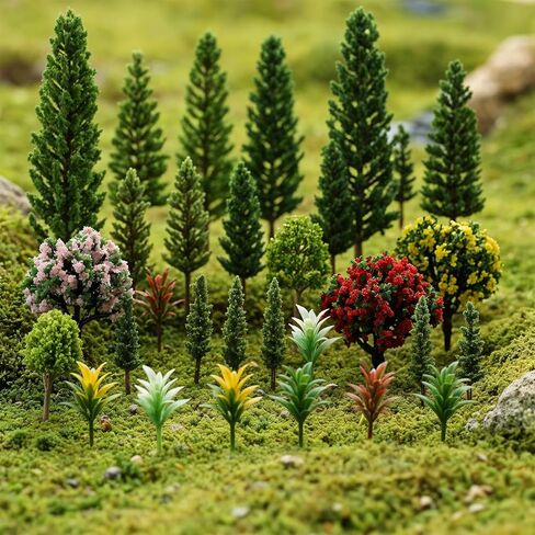 29 Pcs Mixed Model Trees, 1.3-5.3 Inch Garden Accessories Diorama Trees Mini Fake Flower Tree Miniature Tree Model Train Railroad Scenery for Crafts, Building Model, DIY Landscape, Natural Green in Kuwait