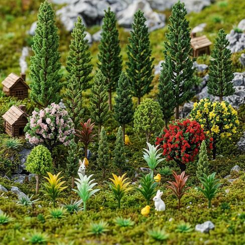 29 Pcs Mixed Model Trees, 1.3-5.3 Inch Garden Accessories Diorama Trees Mini Fake Flower Tree Miniature Tree Model Train Railroad Scenery for Crafts, Building Model, DIY Landscape, Natural Green in Kuwait