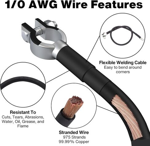 كابل بطارية 1/0 AWG مع أطراف البطارية، سلك نحاسي نقي، السيارات، عاكس الطاقة، اللحام، عربة الجولف، جزازة العشب، دراجة نارية (سلك أسود، 3 أقدام (36 بوصة)، 5/16 بوصة إلى أعلى عمود سلبي، قطعة واحدة) in Kuwait
