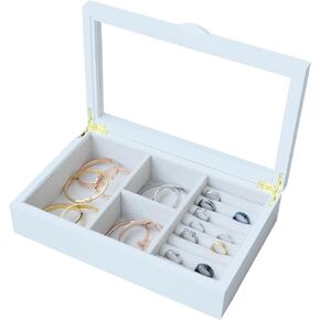 Pine Wood Jewelry Box for Women, Jewelry Holder Organizer for Girls, Mom, Wife, Daughter, Jewelry Boxes Storage Case W/Glass Lid, Gift Idea Box to Store Rings and Bracelets(White)