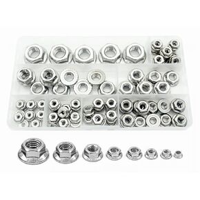 #6-32#8-32#10-32#10-24 1/4"-20 5/16"-18 3/8"-16 1/2"-13 SAE 304-Stainless Steel Hex Flange Nuts Assortment Kit, 8-Sizes Hexagon Flange Lock Nuts