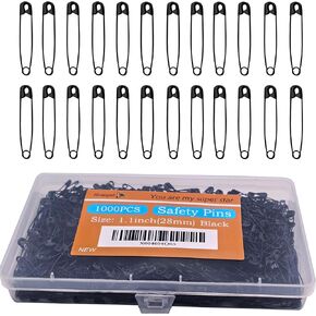 Safety Pins, 1000PCS-1.1Inch Small Safety Pins, Rust-Resistant Nickel Plated Steel, Sharp Edge Safety Pin for Clothes, Sewing, 28mm Decorative Safety Pins Assorted (Black)