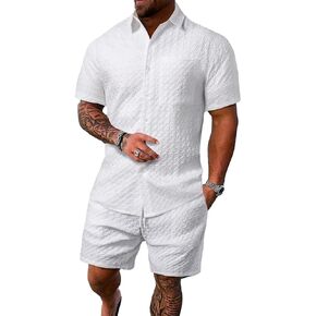 WDIRARA Men's 2 Piece Textured Outfits Short Sleeve Button Pocket Shirt and Drawstring Shorts Set