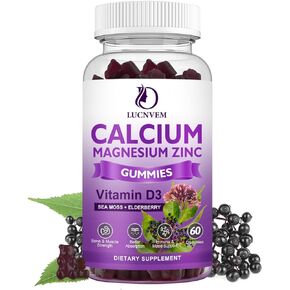 Sugar Free Calcium Magnesium Zinc Gummies, Calcium Magnesium 2:1, Contains Magnesium Glycinate, Vitamin D3, Sea Moss, for Bones, Muscles, Calm Mood & Sleep Support, Vegan, 60 Gummies(2 Packs)