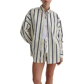Striped Pajamas for Women 2 Piece Pj Set Short Sleeve Button Down Blouse Lounge Shorts Pajama Set Sleepwear