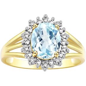Rylos Yellow Gold Plated Silver Ring with Princess Diana Inspired 9X7MM Gemstone and a Halo of Diamonds - Birthstone Jewelry for Women in Sizes 5-10