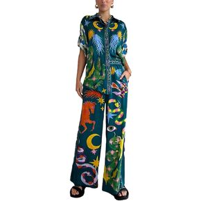Pajamas For Women Set Printed 2 Piece Outfits Button Down Top and Loose Pant Sleepwear Sets
