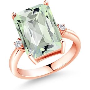 Gem Stone King 18K Rose Gold Plated Silver Green Prasiolite and White Diamond Ring For Women (6.67 Cttw, Emerald Cut Checkerboard 14x10MM, Gemstone Birthstone, Available In Size 5, 6, 7, 8, 9)