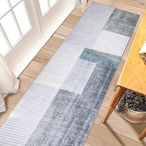 Calore Modern Abstract Runner Rug for Hallways Soft Distressed Geometric Area Rug Indoor Non Slip Carpet for Laundry Room Doorway Bedroom (Grey/Blue/Gold, 2'x 8')