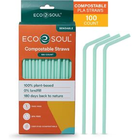 ECO SOUL 100% Compostable Straws [100 Count][8.25"] Eco-Friendly Biodegradable Sustainable Disposable Straws, Cocktail Cold Drink Smoothie Bendable Straws