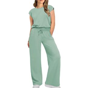 Eytino Womens Plus Size 2 Piece Tracksuit Outfit Casual Cap Sleeve Tops High Waist Pants Lounge Sets