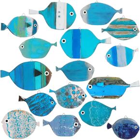 15 Pcs Wood Fish Nautical Wall Decor Wooden School of Fish Wall Art Vintage Hanging Beach Wooden Wall Art Decor Ocean Coastal Theme Fish Ornaments for Home Lake House Bathroom Bedroom