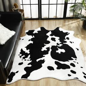 Kimicole Cute Cow Print Rug Faux Cowhide Rug, Upgraded Fluffy Animal Printed Area Rug for Living Room Bedroom Office Western Decor, Luxury Animal Print Carpet Non-Slip, Brown and White, 4.6ft x 5.2ft