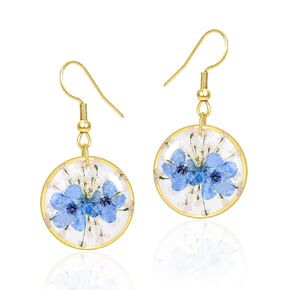 Earrings For Women - Vibrant and Unique Floral Earrings with a Burst of Color - Handmade Pressed Flower Earrings - Forget-Me-Not, Carnation, and Violet - Fashion Personalized Jewelry(Gold)