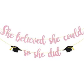 She Believed She Could So She Did Banner Decorations - Pink Glitter She Did It 2024 Garland Graduation Bunting Banner, Congrats Grad Photo Backdrop for Girls College Graduation Party Favors