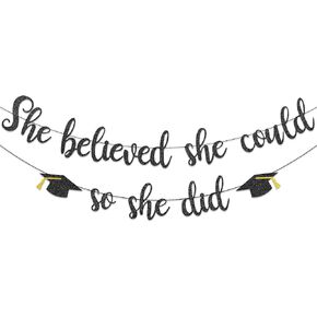 She Believed She Could So She Did Banner Decorations - Pink Glitter She Did It 2024 Garland Graduation Bunting Banner, Congrats Grad Photo Backdrop for Girls College Graduation Party Favors