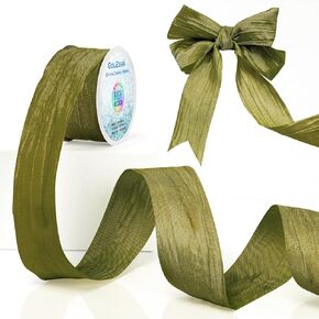 1.5 Inch x 25 Yards Olive Green Fabric Crinkled Ribbon,Silk-Like Wrinkled Ribbons,for Gift Wrapping Basket Wreaths Bows Making Home Event Decor DIY Crafts Christmas Tree Top Bows