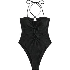 SweatyRocks Women's Criss Cross Tie Back Halter Monokini Swimsuit One Piece Cut Out Tummy Control Bathing Suit
