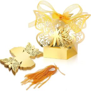 60 Pieces Butterfly Laser Cut Favor Boxes Cookie Present Boxes with Ribbons Cute Chocolate Box for Wedding Girl Bridal Birthday Party Baby Shower Favors Decoration Supplies (Gold)
