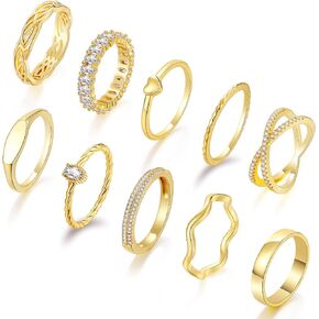 Staligue Gold Rings for Women Non Tarnish 10 PCS Dainty 14k Gold Plated Stacking Rings Set Heart CZ Thumb Chunky Wedding Band Rings Size 5 6 7 8 9 10 11