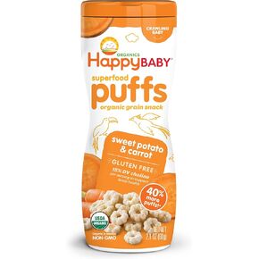 هابي بيبي أغذية الأطفال العضوية سوبرفوود نفث البطاطا الحلوة والجزر، 2.1 أونصة وجبات خفيفة عضوية للأطفال أو الأطفال الصغار، وجبة خفيفة من الفواكه والخضروات المقرمشة، الكولين لدعم صحة الدماغ والعين in Kuwait