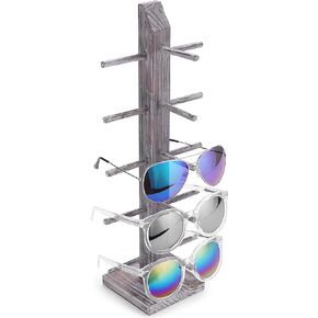 MyGift 5-Pair Barnwood Graywashed Wood Sunglasses and Eyewear Display Stand, Tabletop Multipurpose Keychain Storage Rack for Retail or Home Collection