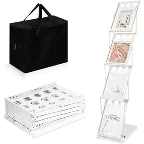 Foldable Magazine Rack Metal, Folding Literature Floor Display Stand 4 Pocket with Portable Bag Catalog Holder Booklets Brochure Shelf for Holding Newspaper Trade Show Accessories Office Retail Home