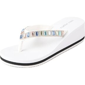 VICT POPU Flip Flops Sandals for Women Bling Rhinestones Jewel High Heel Arch Support Comfortable Soft Cushion Wedge Slip-on Casual Platform Summer Thong Sandals