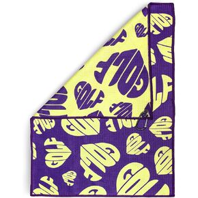 Golf Towel with GOLF Heart Design - Reversible Purple and Yellow Microfiber- Golf Accessories for Men and Women- A Great Gift for any Golfer