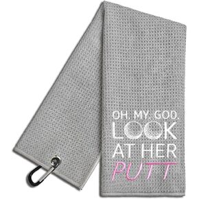 Oh My God Look at Her Putt Embroidered Navy Golf Towel, Funny Golf Towel for Golf Bag with Clip, Golf Accessories for Women, Ladies Golf Towel, Birthday Retirement Gift for Golfer Golf Lover