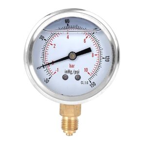 Oil Filled Pressure Gauge, 1/4 BSP Lower Mount Stainless Steel Liquid Filled Pressure Gauge, -1-10 bar, -30-150 inhg/psi Dual Scale Pressure Gauge with Brass Internals